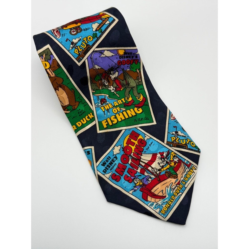 Disney Store Silk Tie OS Mickey Mouse Donald Duck Goofy Cartoon Poster Vintage